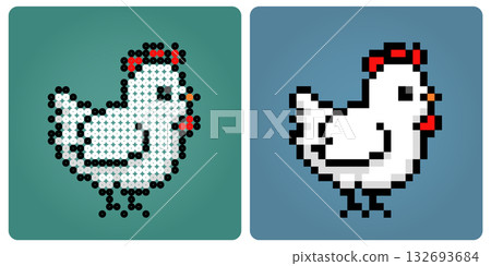 8 bit pixel chicken. Cute Animal for game assets and beads pattern in vector illustration. 132693684
