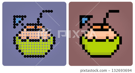 8 bit pixel coconut drink. Pixel foods for game assets and beads pattern in vector illustration. 132693694