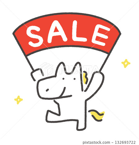 Cute white horse holding a SALE flag New Year's sale banner 132693722