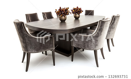 A large wooden dining table with a set of chairs around it 132693731