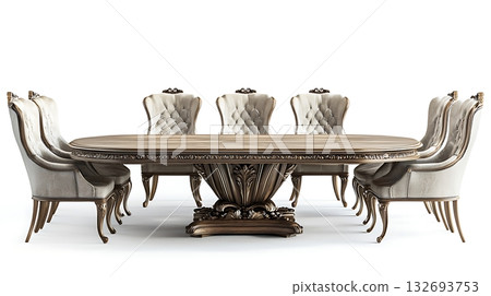 A long dining table with eight chairs around it A long dining table with eight chairs around it 132693753