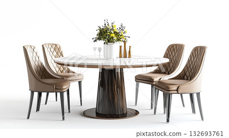 A round dining table with four chairs around it and a vase of flowers on it 132693761