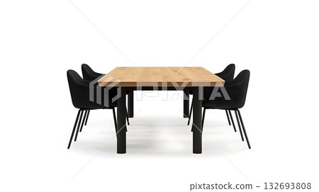A wooden table with four black chairs around it 132693808