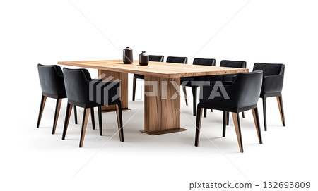 A wooden dining table with black chairs around it 132693809