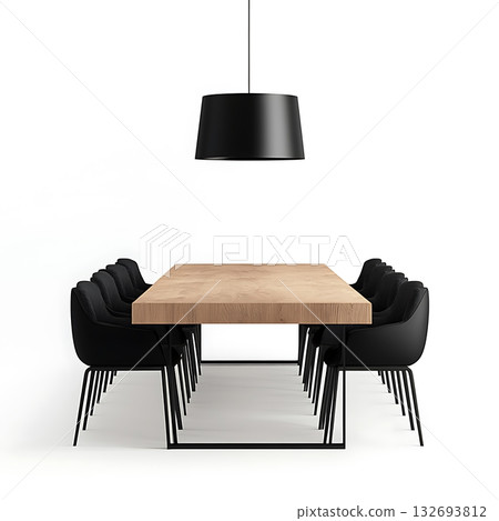 A large wooden table with black chairs and a black lamp hanging above it 132693812
