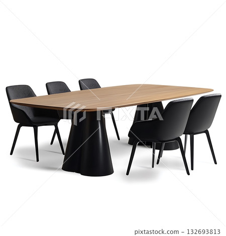 A wooden table with black chairs around it 132693813