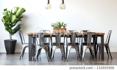 A large dining table with a variety of chairs around it 132693906