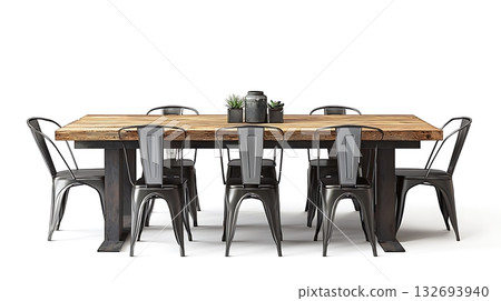 A long wooden dining table with a row of metal chairs around it 132693940