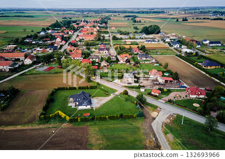 Aerial view of rural village with houses and road in green landscape Aerial view of rural village with houses and road in green landscape 132693966