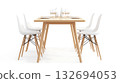 A wooden dining table with six white chairs around it 132694053