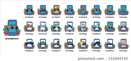 A series of car drawings with the word "smartphone" written below them 132694145