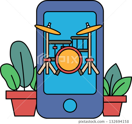 A cell phone with a drum and cymbals on it A cell phone with a drum and cymbals on it 132694158
