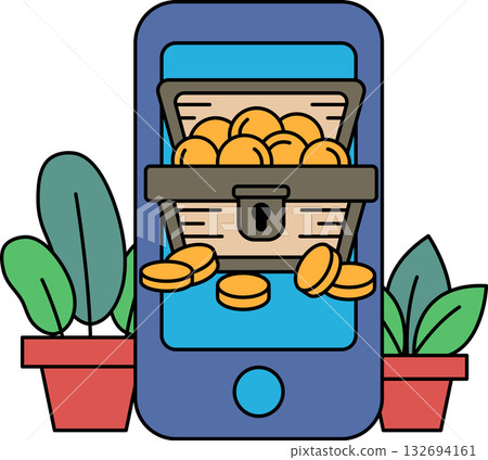 A phone with a treasure chest on it and a bunch of gold coins 132694161