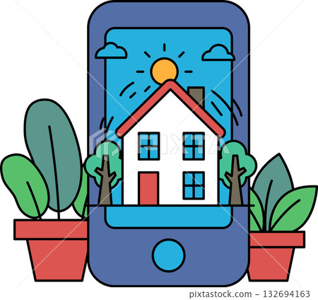 A house is shown on a phone screen with a bright sun shining on it A house is shown on a phone screen with a bright sun shining on it 132694163
