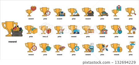 A collection of golden cups with the word "reward" written on them 132694229