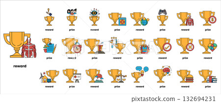 A collection of golden cups with various designs and words such as "reward" 132694231