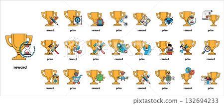 A collection of golden cups with the word "reward" written below them A collection of golden cups with the word "reward" written below them 132694233