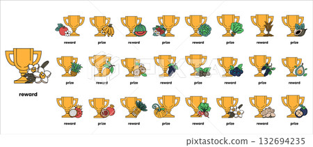 A row of golden cups with the word "reward" written below them A row of golden cups with the word "reward" written below them 132694235