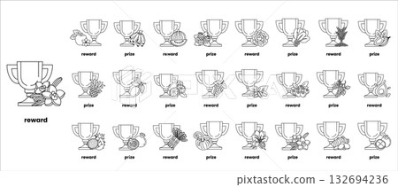 A series of drawings of various objects, with the word "reward" at the top 132694236