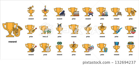 A collection of golden cups with various designs A collection of golden cups with various designs 132694237