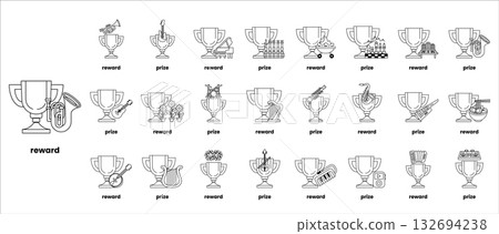 A black and white drawing of a variety of objects with the word "reward" written A black and white drawing of a variety of objects with the word "reward" written 132694238