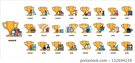 A collection of golden cups with the word "reward" written on the bottom 132694239