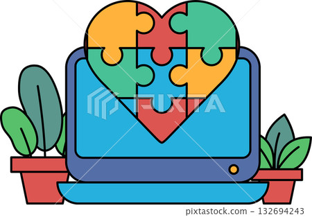 A computer monitor with a puzzle piece heart on it A computer monitor with a puzzle piece heart on it 132694243