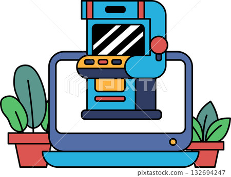 A computer monitor with a video game machine on it A computer monitor with a video game machine on it 132694247