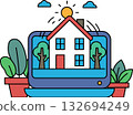 A house is shown on a laptop screen with a bright sun shining on it 132694249