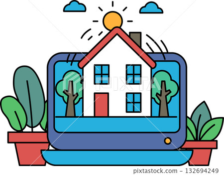 A house is shown on a laptop screen with a bright sun shining on it A house is shown on a laptop screen with a bright sun shining on it 132694249