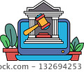 A laptop computer is shown with a gavel and a building in the background 132694253