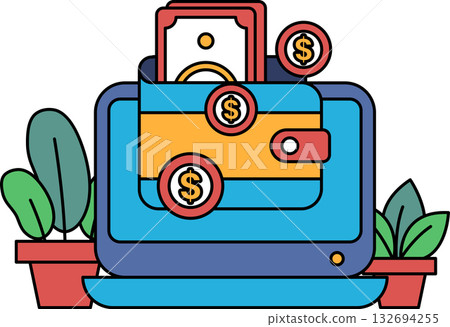 A computer screen with a wallet on it and a bunch of coins 132694255