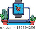 A watch is displayed on a computer screen with a green plant in the background 132694256