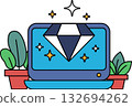 A laptop with a diamond on it is placed on a table next to a potted plant 132694262