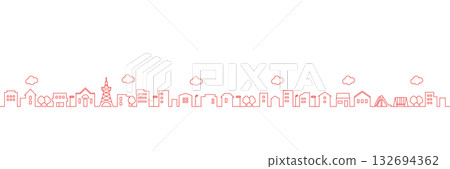 Line drawing cityscape - simple red line drawing wide silhouette illustration Line drawing cityscape - simple red line drawing wide silhouette illustration 132694362