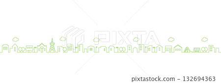 Line drawing cityscape - simple green line drawing wide silhouette illustration 132694363