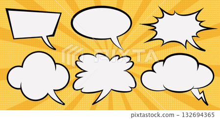 Manga speech bubble frame for text box. Pop art cartoon comic balloons for dialog. Cloud with explosion effect on background with rays. Anime vintage illustrations for sale. Vector shapes for messages Manga speech bubble frame for text box. Pop art cartoon comic balloons for dialog. Cloud with explosion effect on background with rays. Anime vintage illustrations for sale. Vector shapes for messages 132694365