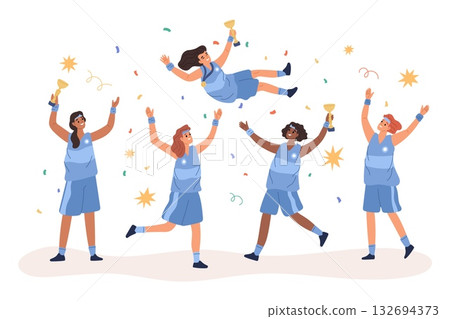 Athletes rejoice victory. Women sports team is happy to win competition, throwing girl in air, celebrating success together, achievement goal cartoon flat isolated garish vector concept Athletes rejoice victory. Women sports team is happy to win competition, throwing girl in air, celebrating success together, achievement goal cartoon flat isolated garish vector concept 132694373