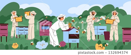 Beekeepers at apiary. Happy apiarist in uniform, fumigate hives with smoker, collect honeycombs, take care of bees, sweet healthy food, cartoon flat style isolated garish vector concept 132694374