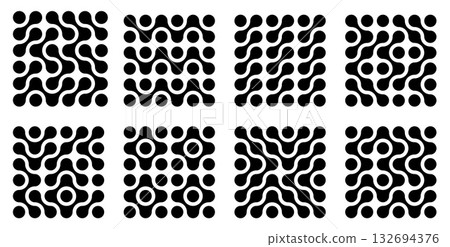 Black meatballs squares. Rounded smooth shapes in rectangular borders, abstract geometry, flowing circles compositions, patterns design, smooth bubbles connection nowaday vector set 132694376