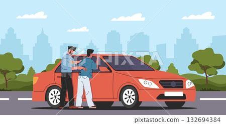 Criminal arrest process. Policeman in uniform handcuffs an intruder, officer with bandit, violation of traffic rules, car theft, automobile driver nowaday vector cartoon isolated concept 132694384