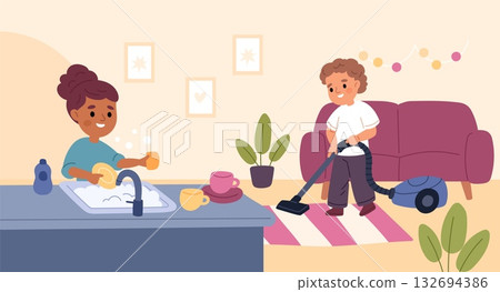 Funny children clean house. Brother and sister cleaning up, girl washing dishes, boy vacuums carpet, household chores, housekeeper activity cartoon flat isolated garish vector concept Funny children clean house. Brother and sister cleaning up, girl washing dishes, boy vacuums carpet, household chores, housekeeper activity cartoon flat isolated garish vector concept 132694386
