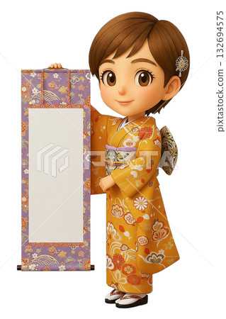 身著振袖和服的3D Q版女性，手持裝飾掛軸 132694575