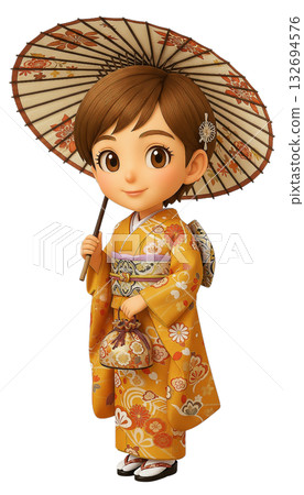 身穿振袖和服的3D Q版女性,手持花卉圖案的日式雨傘和束口袋 身穿振袖和服的3D Q版女性,手持花卉圖案的日式雨傘和束口袋 132694576