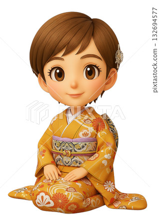 身著振袖的3D Q版女性角色,坐姿直立 身著振袖的3D Q版女性角色,坐姿直立 132694577