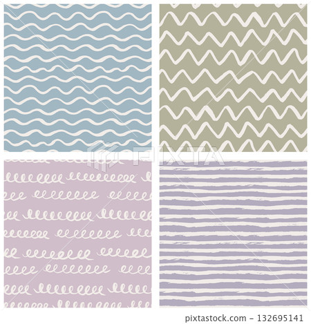 Hand-drawn seamless patterns set with brush-painted waves, zigzags, stripes Hand-drawn seamless patterns set with brush-painted waves, zigzags, stripes 132695141