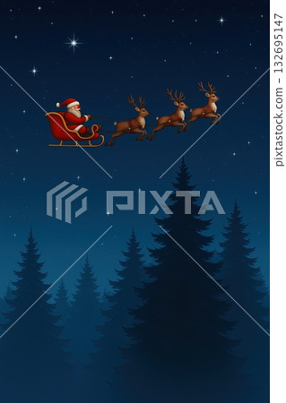 聖誕老人和馴鹿雪橇在星空下奔跑(聖誕背景) 聖誕老人和馴鹿雪橇在星空下奔跑(聖誕背景) 132695147
