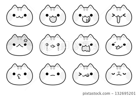 Cat facial expression icon (black and white) / Cute cat emotion icon set Cat facial expression icon (black and white) / Cute cat emotion icon set 132695201