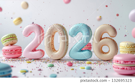 A charming 3D rendering of the number 2026 as colorful French macarons with sprinkles. 132695323