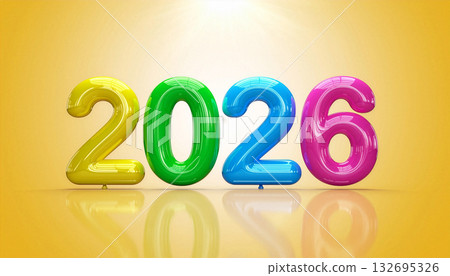 A 3D rendering of the number 2026 in colorful (yellow, green, blue, pink) glossy foil balloons. 132695326